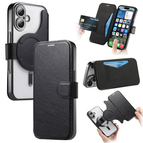 iPhone 17 Splitable Electroplated MagSafe RFID Anti-theft Leather Phone Case with Lens Film - Black