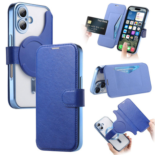 iPhone 17 Splitable Electroplated MagSafe RFID Anti-theft Leather Phone Case with Lens Film - Blue