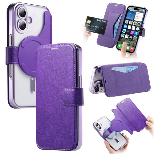 iPhone 17 Splitable Electroplated MagSafe RFID Anti-theft Leather Phone Case with Lens Film - Purple