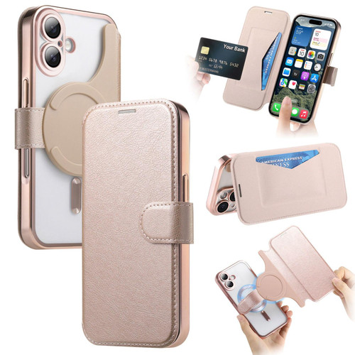 iPhone 17 Splitable Electroplated MagSafe RFID Anti-theft Leather Phone Case with Lens Film - Rose Gold
