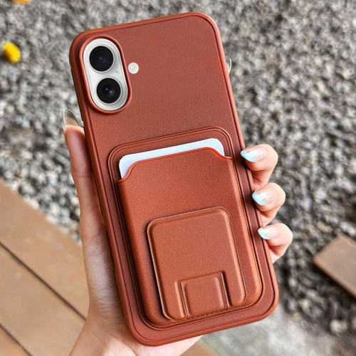 iPhone 17 Square Folding Card Bag Holder Phone Case - Brown