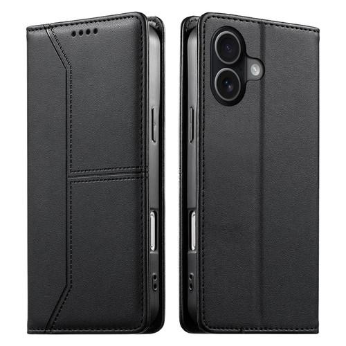 iPhone 17 Stitched Line Magnetic RFID Vegan Leather Phone Case - Black