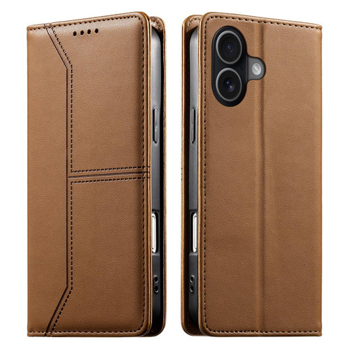iPhone 17 Stitched Line Magnetic RFID Vegan Leather Phone Case - Brown
