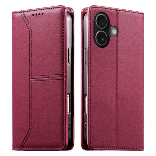 iPhone 17 Stitched Line Magnetic RFID Vegan Leather Phone Case - Wine Red