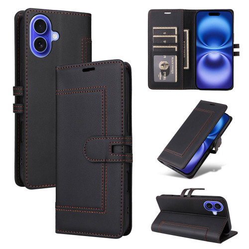 iPhone 17 Stitched Magnetic Buckle Leather Phone Case - Black