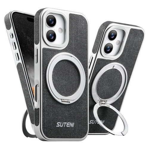 iPhone 17 Suteni G6 Denim Pattern Electroplated 360 Rotation Holder Magnetic Phone Case - Black