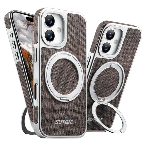 iPhone 17 Suteni G6 Denim Pattern Electroplated 360 Rotation Holder Magnetic Phone Case - Brown