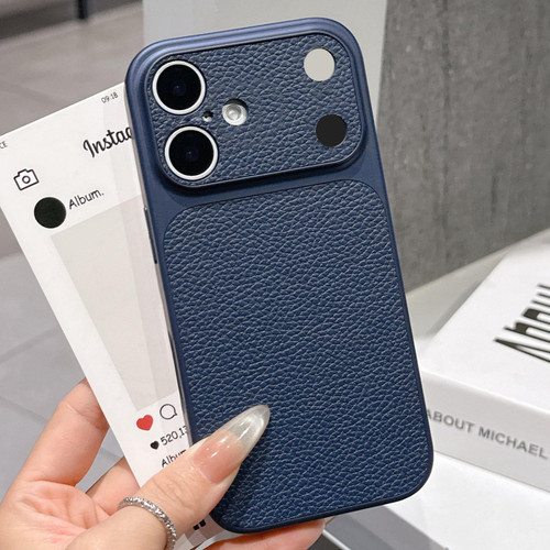 iPhone 17 Transforms Into 17 Series Large Window Frosted Lychee Texture Phone Case - Dark Blue