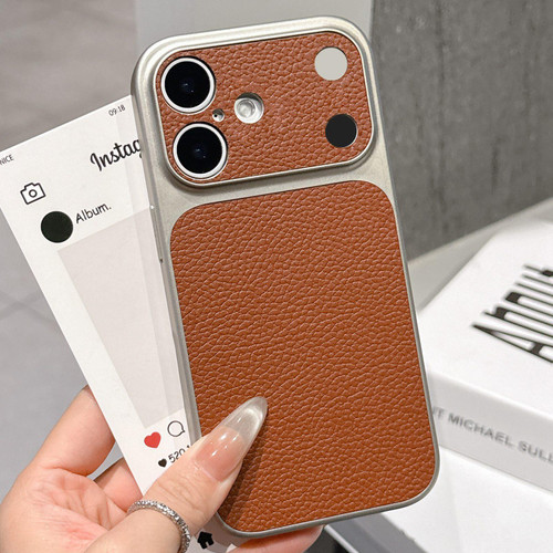 iPhone 17 Transforms Into 17 Series Large Window Frosted Lychee Texture Phone Case - Dark Brown
