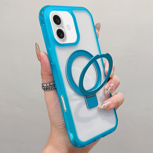 iPhone 17 Translucent Edge Transparency Metal Holder MagSafe Phone Case - Sky Blue