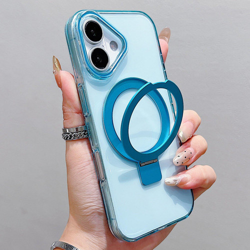 iPhone 17 Transparent Colorful Metal Ring Holder MagSafe Phone Case - Blue