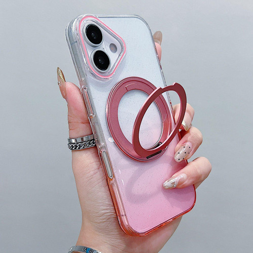 iPhone 17 Transparent Gradient 360 Degree Rotation Holder MagSafe Phone Case - Pink