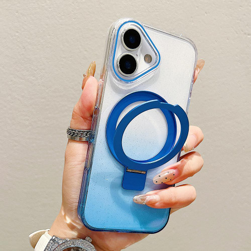iPhone 17 Transparent Gradient Metal Ring Holder MagSafe Phone Case - Blue