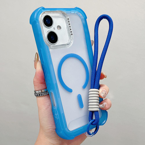 iPhone 17 Transparent Matte TPU Hybrid PC 3-in-1 MagSafe Phone Case with Wrist Strap - Blue