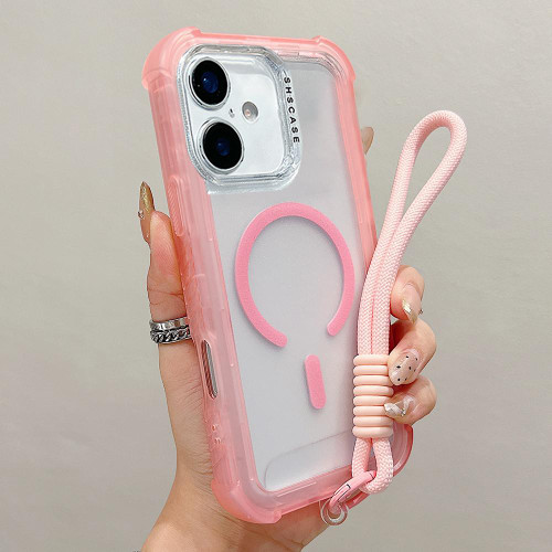 iPhone 17 Transparent Matte TPU Hybrid PC 3-in-1 MagSafe Phone Case with Wrist Strap - Pink