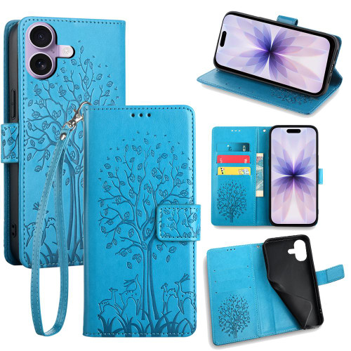 iPhone 17 Tree & Deer Embossed Leather Phone Case - Blue