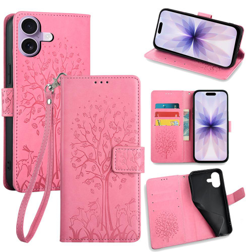 iPhone 17 Tree & Deer Embossed Leather Phone Case - Pink
