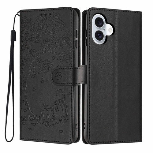 iPhone 17 Tree Cat Embossed Flip Vegan Leather Phone Case - Black