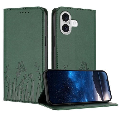 iPhone 17 Tulips Butterfly Pattern Magnetic Vegan Leather Phone Case - Dark Green