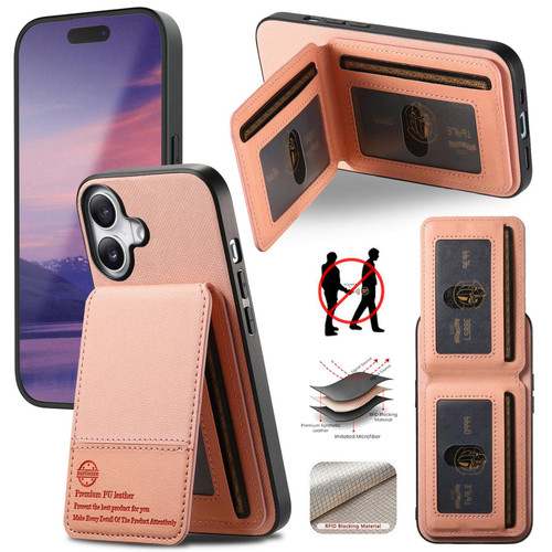 iPhone 17 Twill Fabric Leather Vertical Flip RFID Card Bag Phone Case - Pink