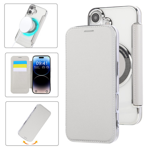 iPhone 17 Ultra-thin Magnetic Plating Vegan Leather Phone Case - Grayish White