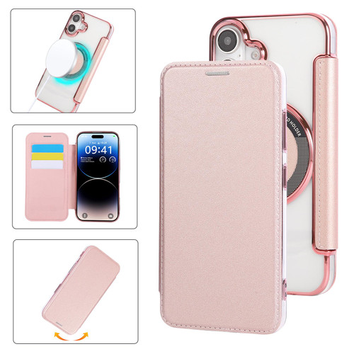 iPhone 17 Ultra-thin Magnetic Plating Vegan Leather Phone Case - Rose Gold