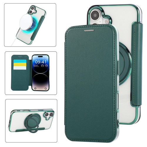 iPhone 17 Ultra-thin Rotation Holder Magnetic Plating Vegan Leather Phone Case - Blackish Green