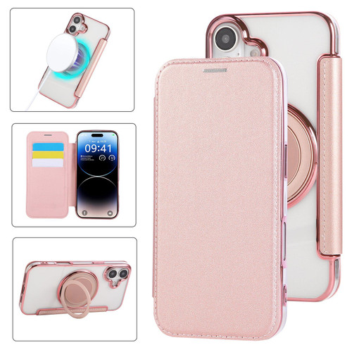 iPhone 17 Ultra-thin Rotation Holder Magnetic Plating Vegan Leather Phone Case - Rose Gold