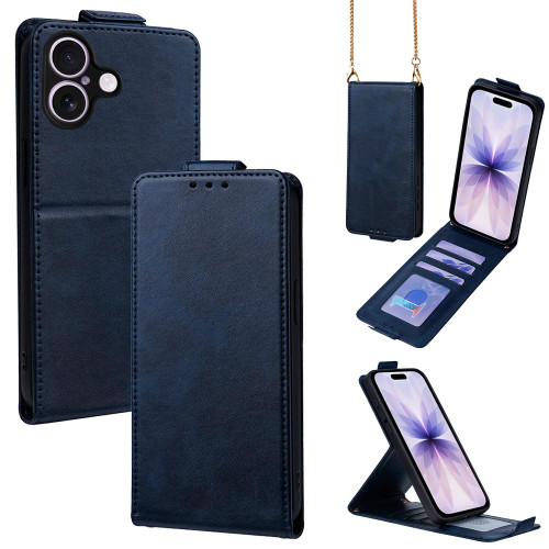 iPhone 17 Vertical Flip Cover Solid Color Vegan Leather Phone Case with Crossbody Chain - Blue