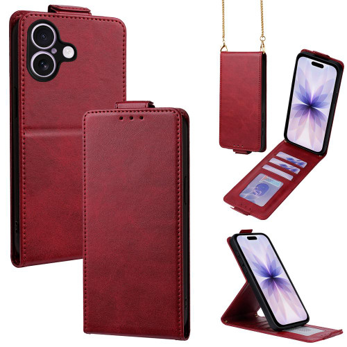 iPhone 17 Vertical Flip Cover Solid Color Vegan Leather Phone Case with Crossbody Chain - Red