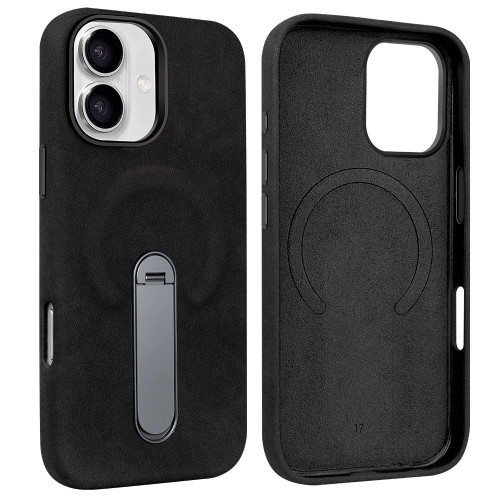 iPhone 17 VIETAO Suede MagSafe PU Leather Phone Case with Holder - Black