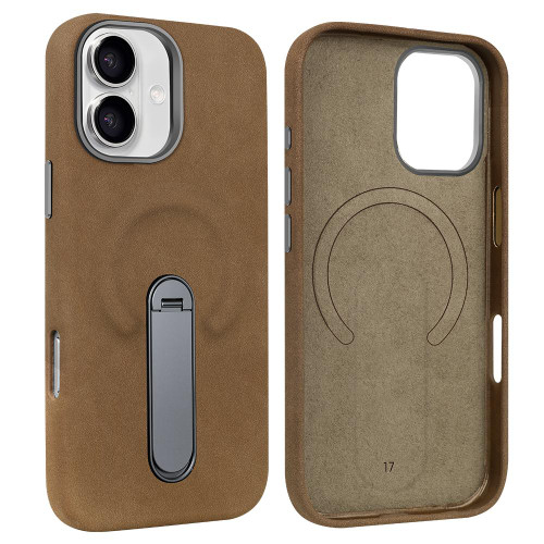 iPhone 17 VIETAO Suede MagSafe PU Leather Phone Case with Holder - Dark Brown