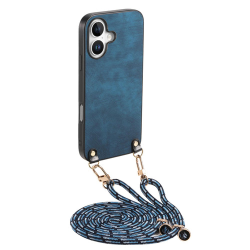 iPhone 17 Vintage Leather PC Back Cover Phone Case with Crossbody Strap - Blue