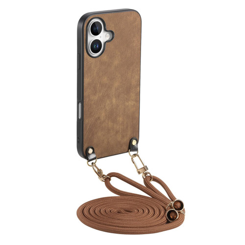 iPhone 17 Vintage Leather PC Back Cover Phone Case with Crossbody Strap - Brown