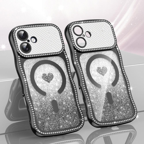 iPhone 17 Wavy Frame Star Diamond Electroplate TPU Glitter Heart Magnetic Phone Case - Gradient Black