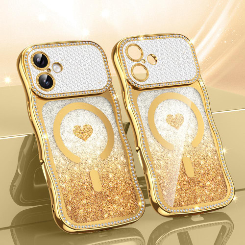 iPhone 17 Wavy Frame Star Diamond Electroplate TPU Glitter Heart Magnetic Phone Case - Gradient Gold