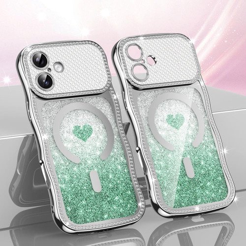iPhone 17 Wavy Frame Star Diamond Electroplate TPU Glitter Heart Magnetic Phone Case - Gradient Green
