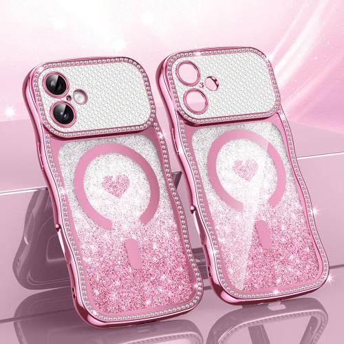 iPhone 17 Wavy Frame Star Diamond Electroplate TPU Glitter Heart Magnetic Phone Case - Gradient Pink