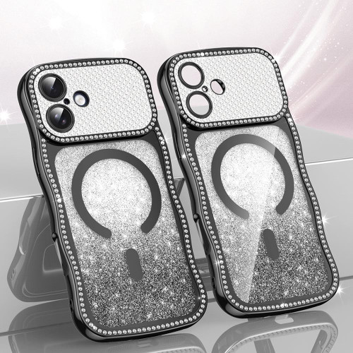 iPhone 17 Wavy Frame Star Diamond Electroplate TPU Glitter Magnetic Phone Case - Gradient Black