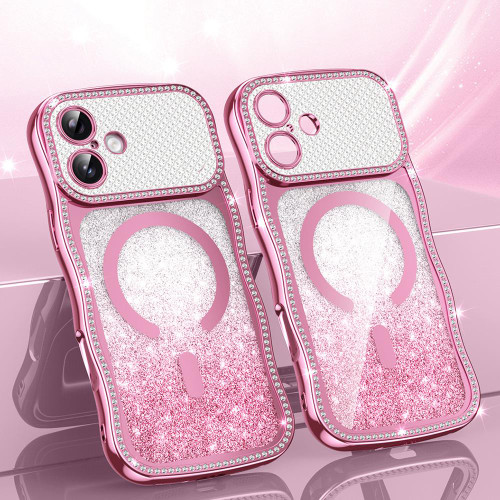 iPhone 17 Wavy Frame Star Diamond Electroplate TPU Glitter Magnetic Phone Case - Gradient Pink