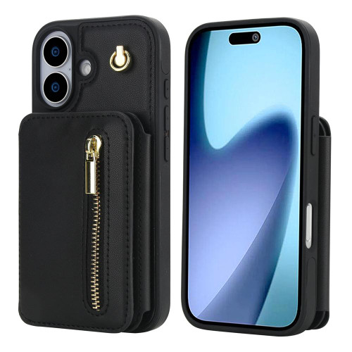 iPhone 17 YM006 Skin Feel Zipper Card Bag Phone Case with Dual Lanyard - Black
