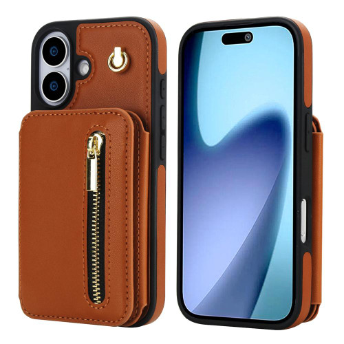 iPhone 17 YM006 Skin Feel Zipper Card Bag Phone Case with Dual Lanyard - Brown
