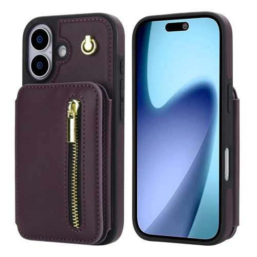 iPhone 17 YM006 Skin Feel Zipper Card Bag Phone Case with Dual Lanyard - Dark Purple