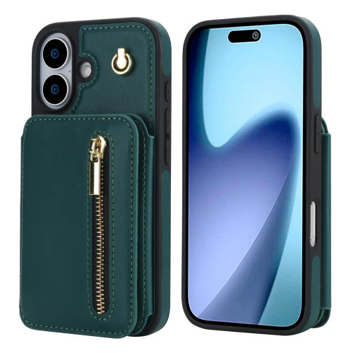 iPhone 17 YM006 Skin Feel Zipper Card Bag Phone Case with Dual Lanyard - Green