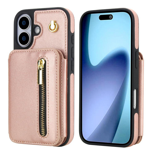 iPhone 17 YM006 Skin Feel Zipper Card Bag Phone Case with Dual Lanyard - Rose Gold