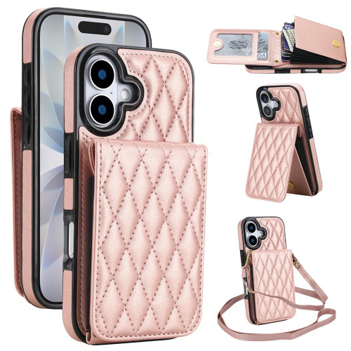 iPhone 17 YM015 Crossbody Rhombic Card Bag RFID Phone Case - Rose Gold