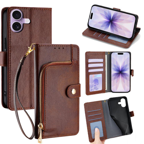 iPhone 17 Zipper Bag Leather Phone Case - Brown