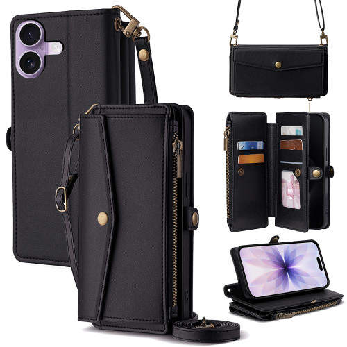 iPhone 17 Zipper Wallet Side Buckle Crossbody Lanyard Leather Phone Case - Black