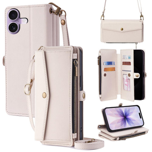 iPhone 17 Zipper Wallet Side Buckle Crossbody Lanyard Leather Phone Case - White