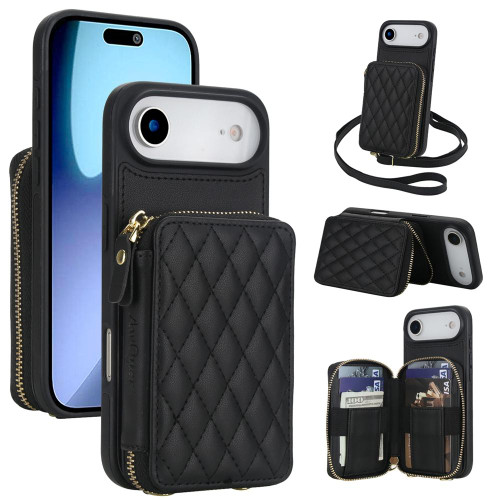 iPhone Air AwQuer Crossbody Zipper Wallet Rhombic Leather Back Phone Case - Black
